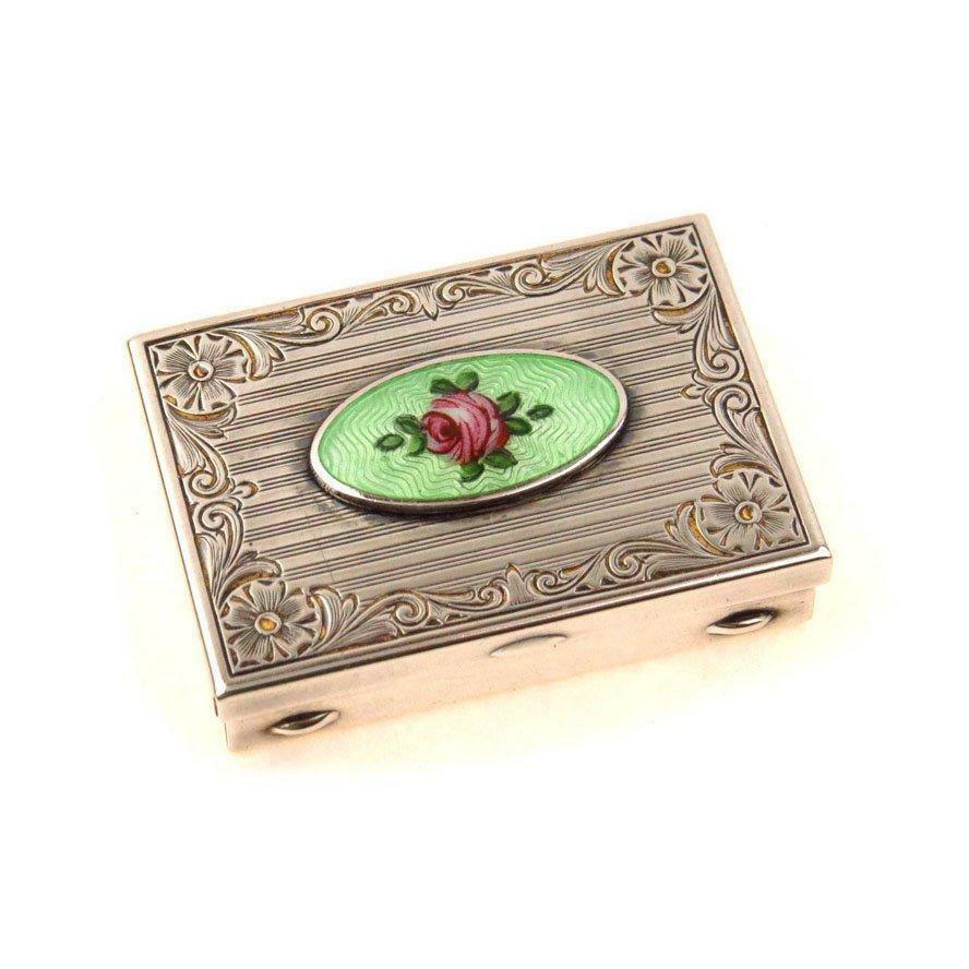 Antique Sterling Silver Guilloche Enamel Pill Box