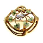 Art Nouveau 14k Gold Enamel Seed Pearl Brooch Bippart & Co