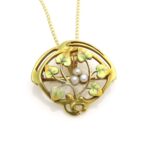 Bippart & Co Art Nouveau 14k Gold Enamel Seed Pearl Brooch