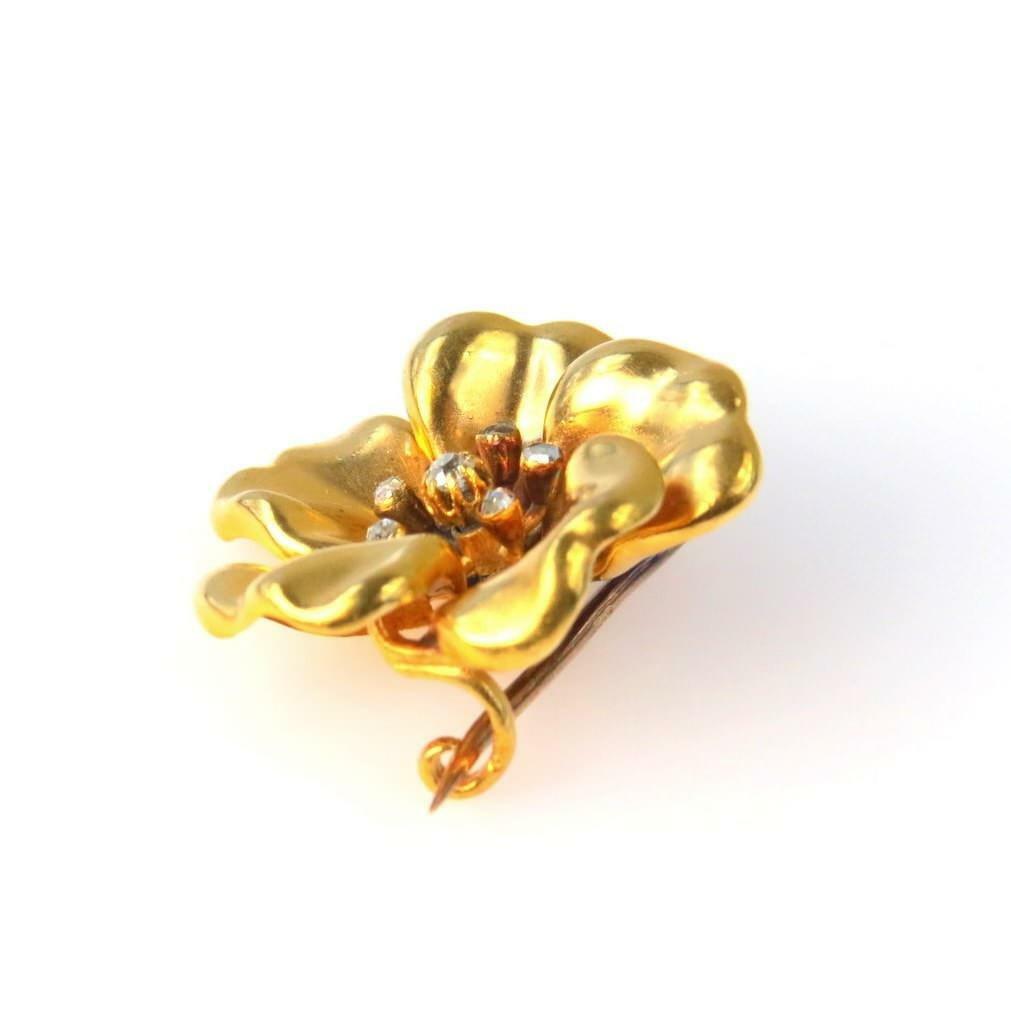 Art Nouveau 14k Gold Forget Me Not Flower Pin with Rose Cut Diamonds