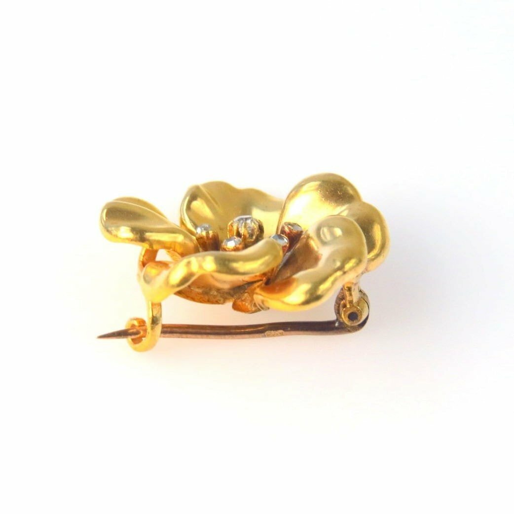 Art Nouveau 14k Gold Forget Me Not Flower Pin with Rose Cut Diamonds