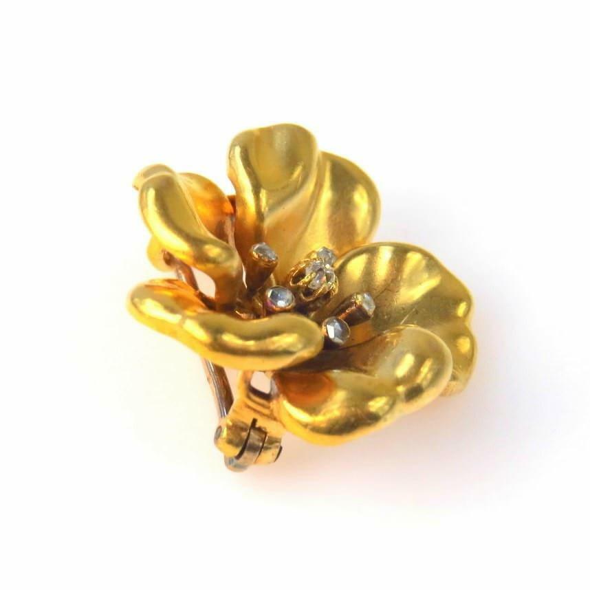 Art Nouveau 14k Gold Forget Me Not Flower Pin with Rose Cut Diamonds