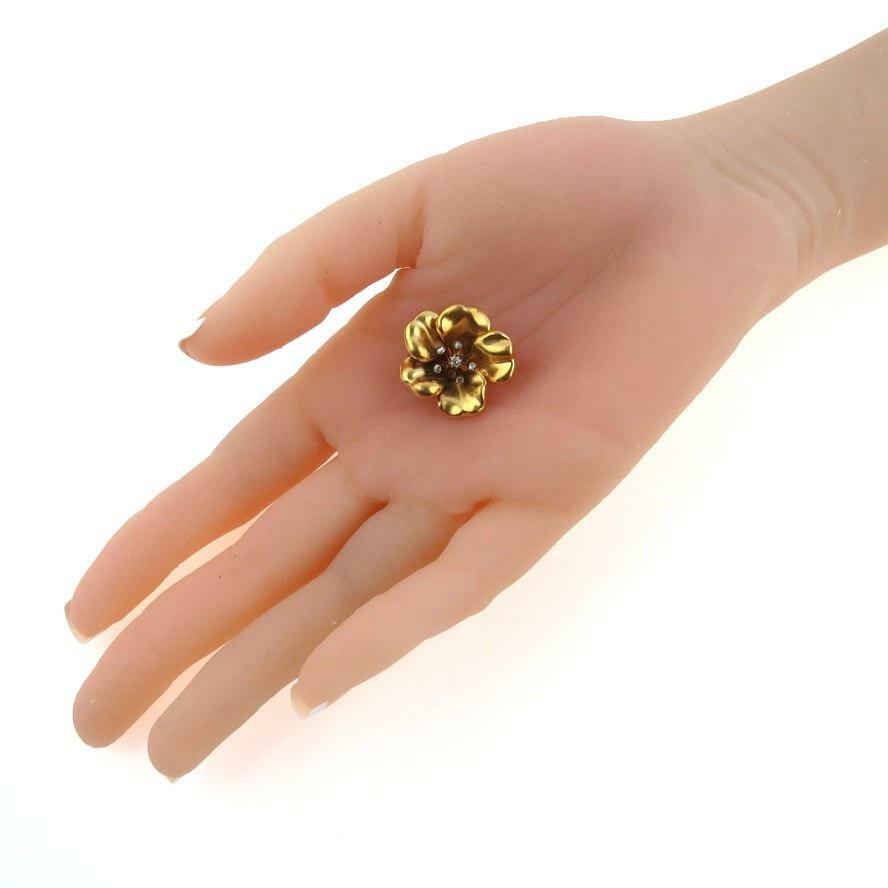 Art Nouveau 14k Gold Forget Me Not Flower Pin with Rose Cut Diamonds