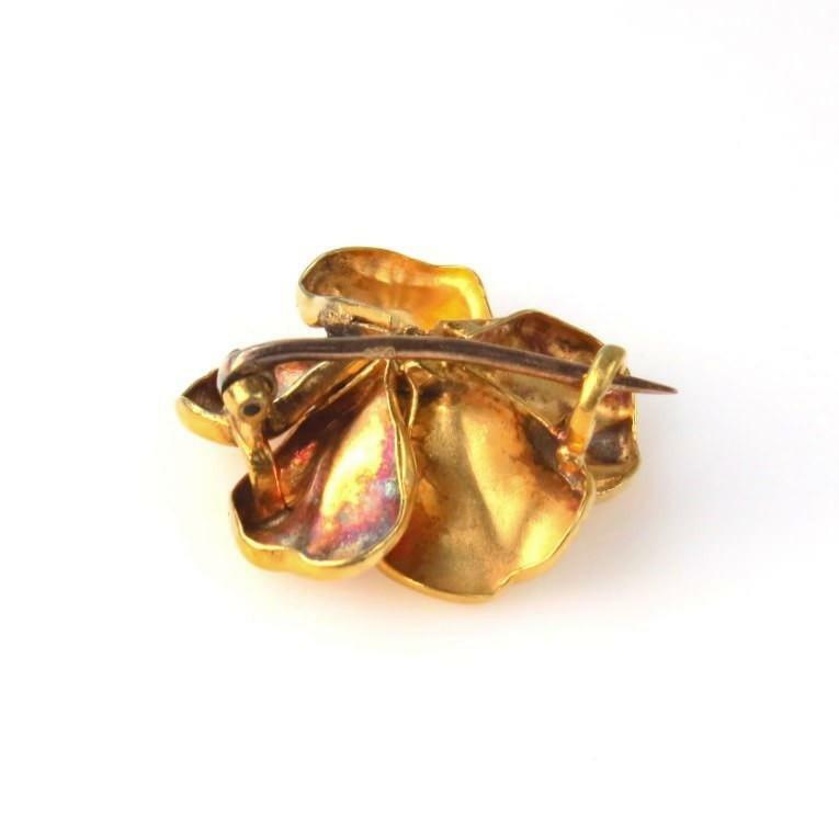 Art Nouveau 14k Gold Forget Me Not Flower Pin with Rose Cut Diamonds