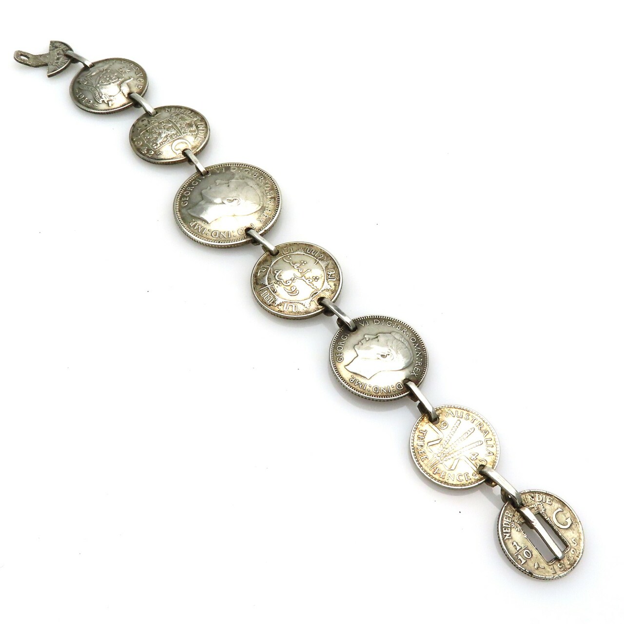 vintage 1940s Australian Silver Coins Trench Art Bracelet with belt buckle closure