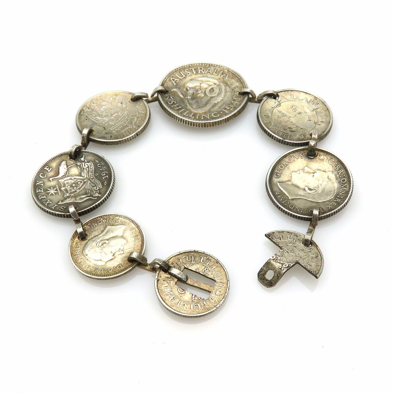 vintage 1940s Australian Silver Coins Trench Art Bracelet with belt buckle closure