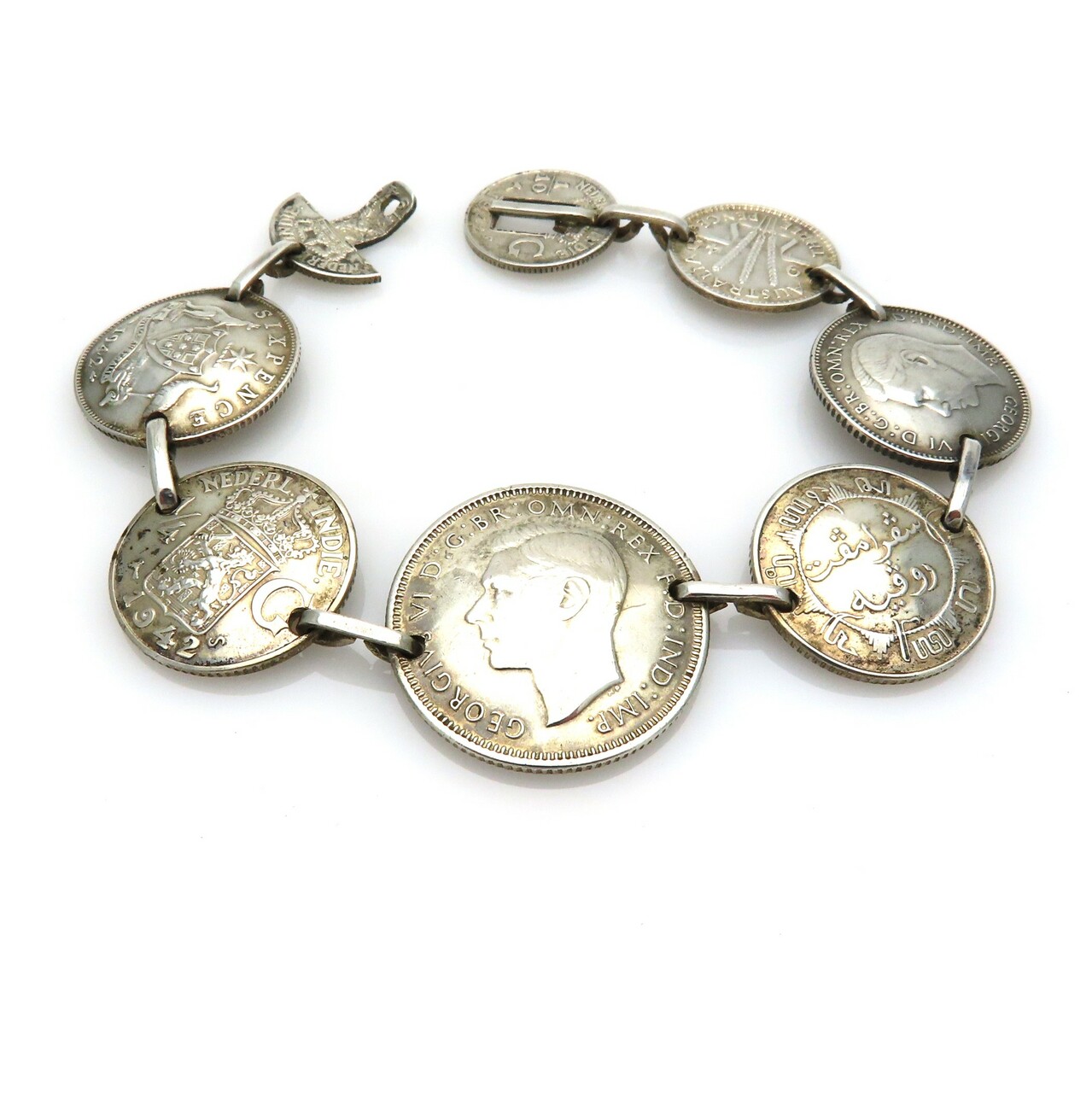 vintage 1940s Australian Silver Coins Trench Art Bracelet with belt buckle closure