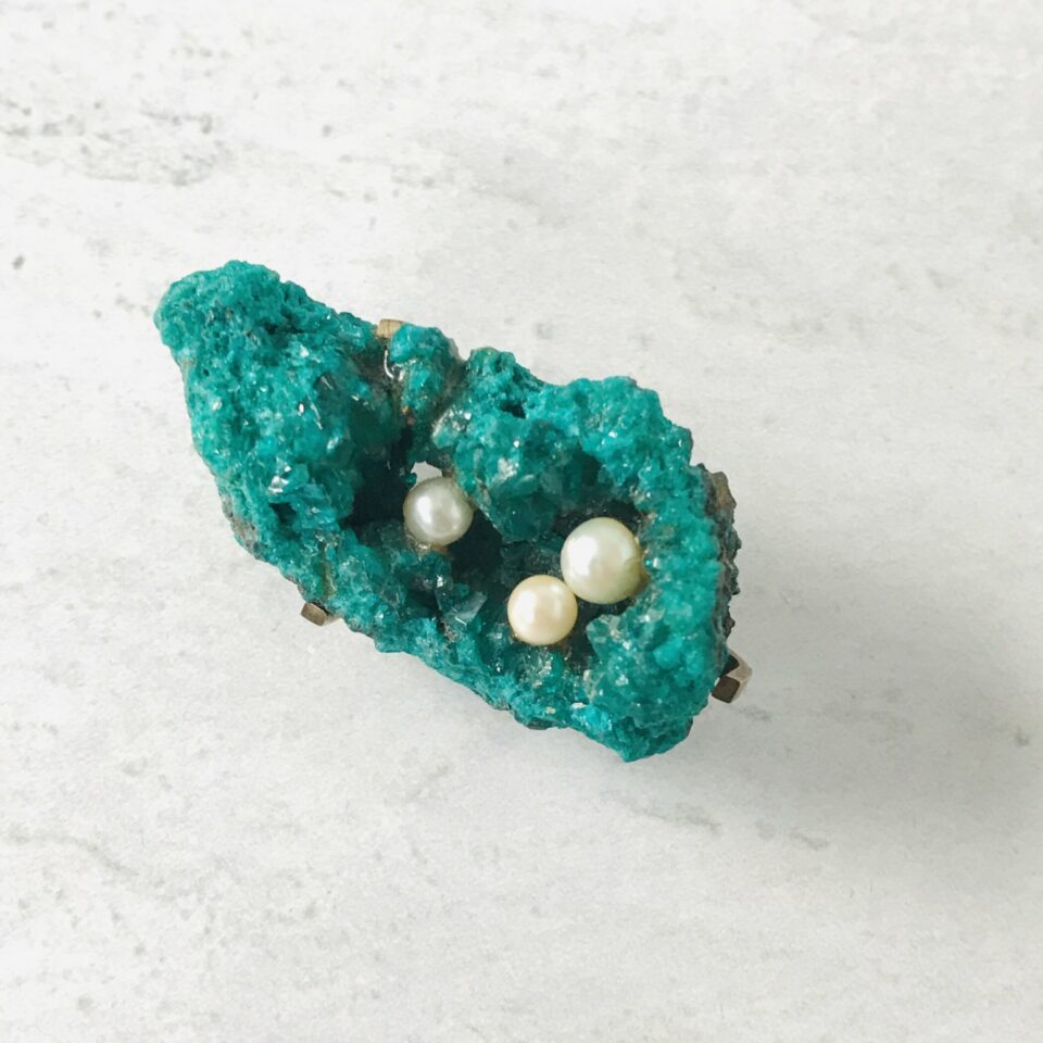 Modernist Brutalist Pin Brooch - Azurite Druzy and Pearls