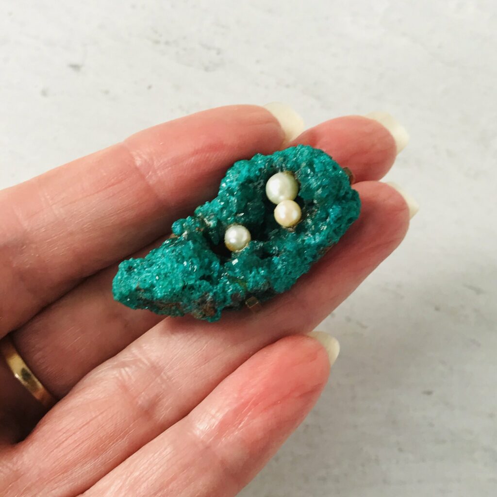 Modernist Brutalist Pin Brooch - Azurite Druzy and Pearls
