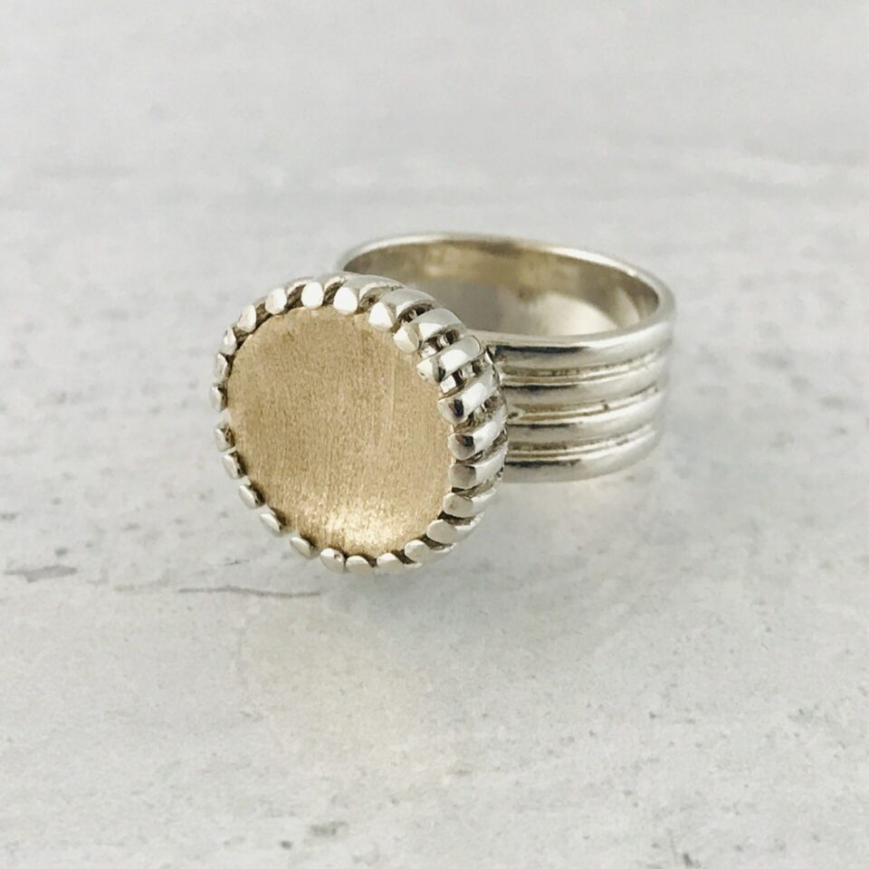 Brushed 14k Gold and Sterling Silver Dome Ring