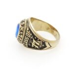 Vintage Pius X High School Ring Class of 77 Antiqued Gold and Sapphire Glass