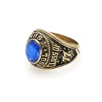 Vintage Pius X High School Ring Class of 77 Antiqued Gold and Sapphire Glass
