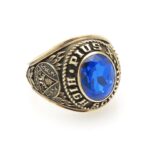 Vintage Pius X High School Ring Class of 77 Antiqued Gold and Sapphire Glass