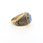 Vintage Pius X High School Ring Class of 77 Antiqued Gold and Sapphire Glass