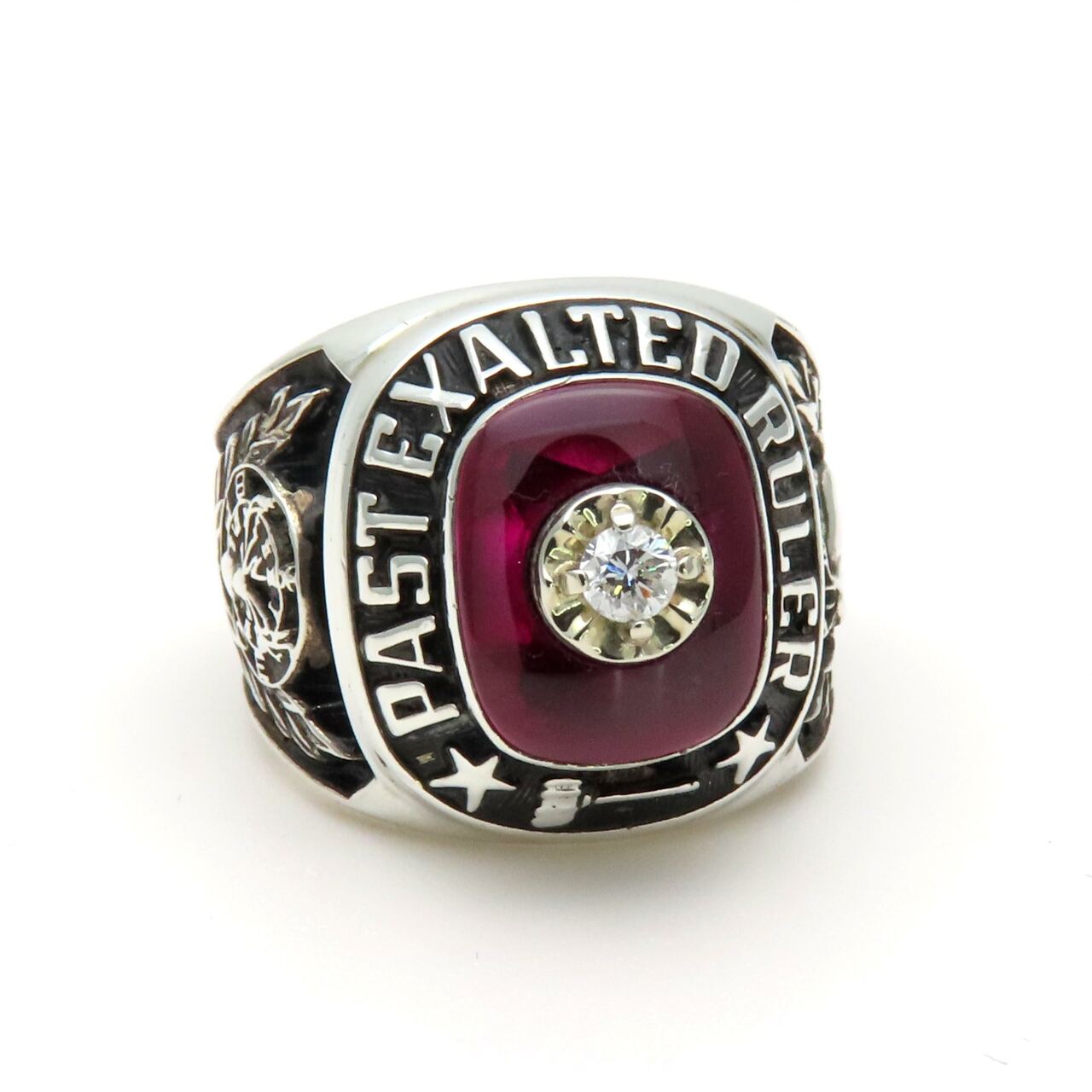 Vintage Ruby Diamond ELKS BPOE Signet Ring in Sterling Silver, Elks Past Exalted Ruler