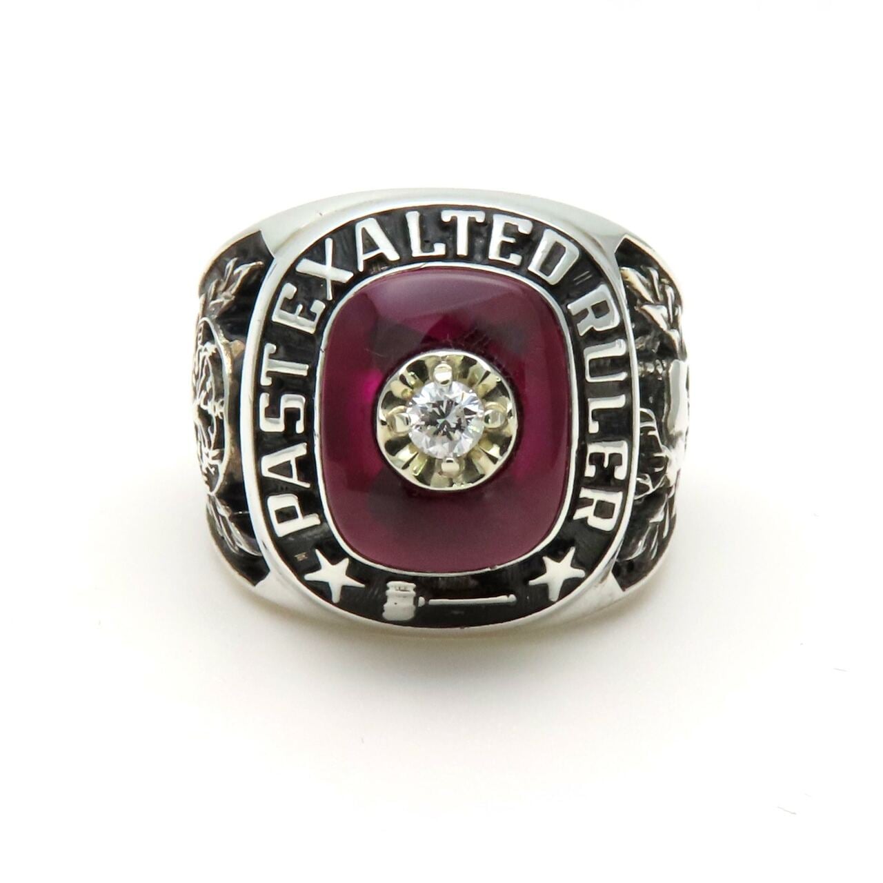 Vintage Ruby Diamond ELKS BPOE Signet Ring in Sterling Silver, Elks Past Exalted Ruler