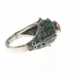 Sterling Silver Coral Statement Ring Enameled Butterfly Chinese Export Sz 6.75