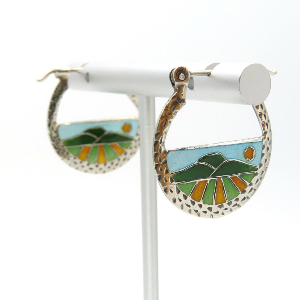 Vintage Sterling Silver Enameled Hoop Earrings - Sunny Landscape Scene - Reminiscent of Peter Maxx