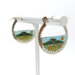 Vintage Sterling Silver Enameled Hoop Earrings - Sunny Landscape Scene - Reminiscent of Peter Maxx