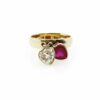Vintage Two Cubic Zirconia Hearts 14k Gold Charm Ring - Red and Clear