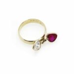 Vintage Two Cubic Zirconia Hearts 14k Gold Charm Ring - Red and Clear