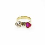 Vintage Two Cubic Zirconia Hearts 14k Gold Charm Ring - Red and Clear