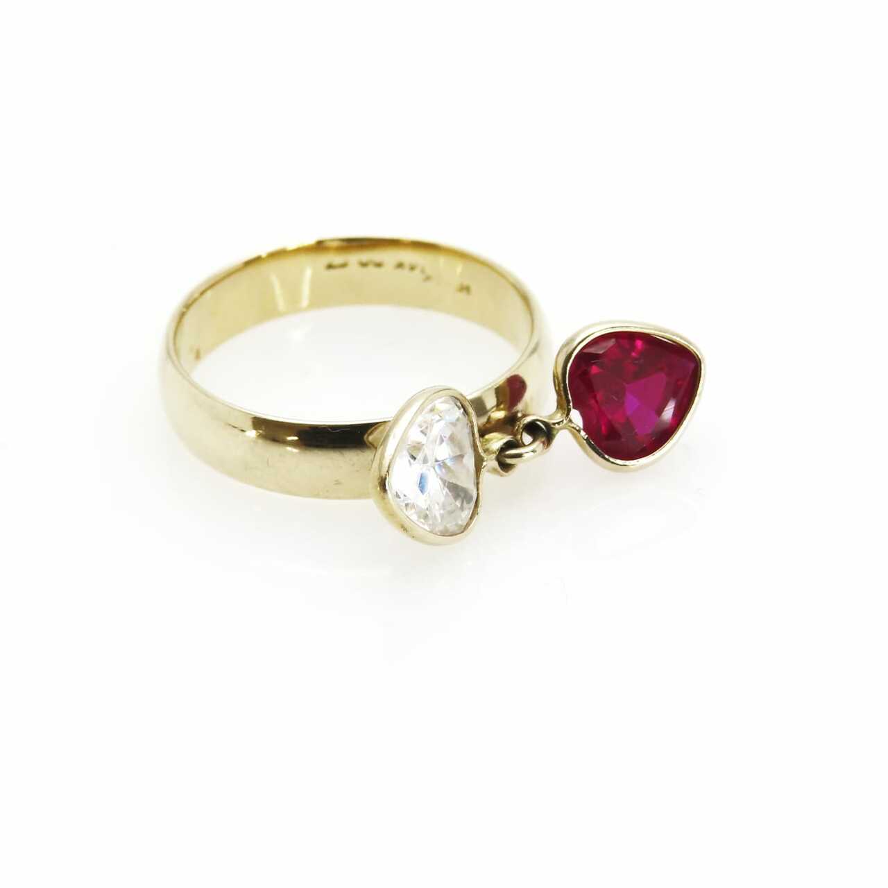 Vintage Two Cubic Zirconia Hearts 14k Gold Charm Ring - Red and Clear