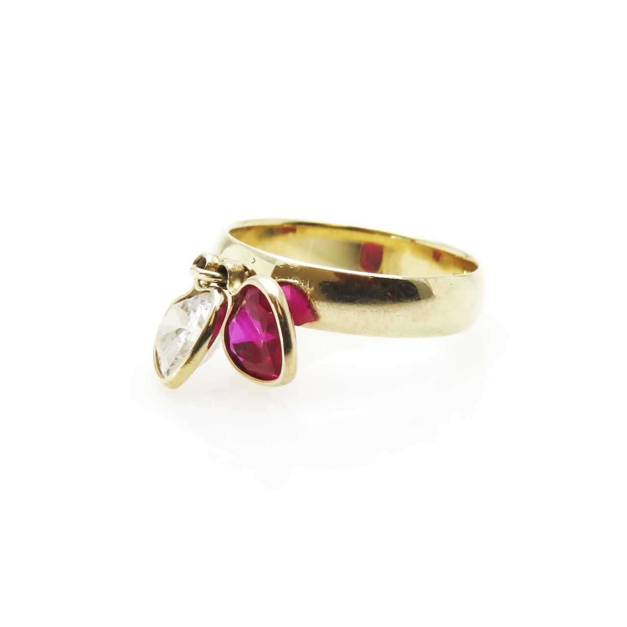 Vintage Two Cubic Zirconia Hearts 14k Gold Charm Ring - Red and Clear