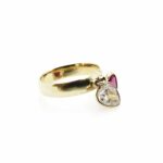 Vintage Two Cubic Zirconia Hearts 14k Gold Charm Ring - Red and Clear