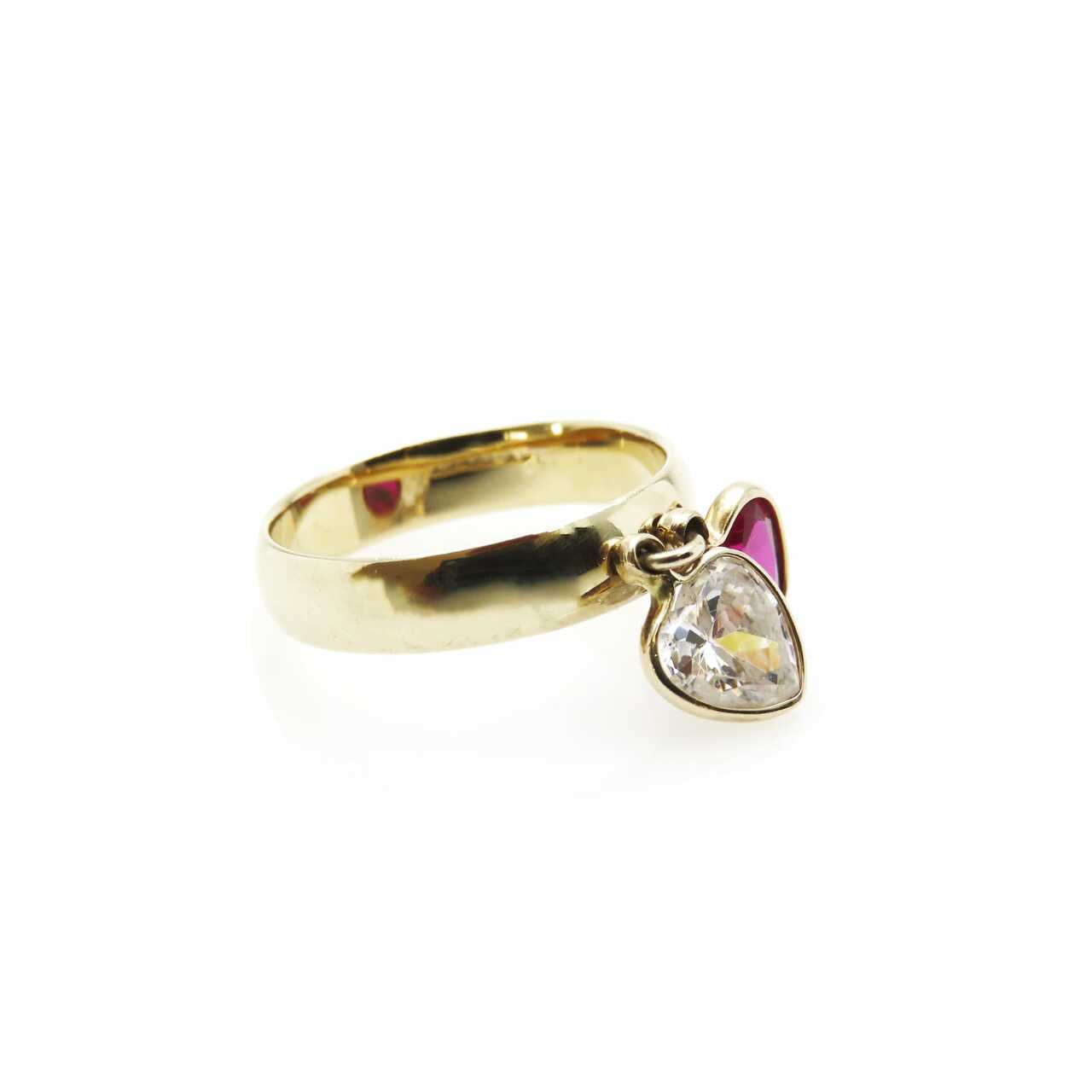 Vintage Two Cubic Zirconia Hearts 14k Gold Charm Ring - Red and Clear