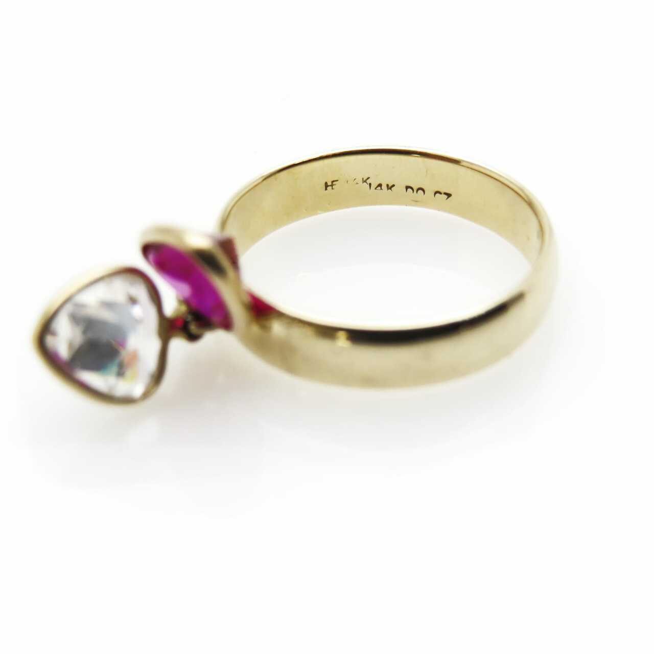 Vintage Two Cubic Zirconia Hearts 14k Gold Charm Ring - Red and Clear