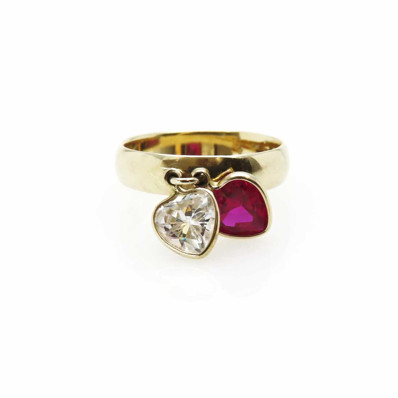 Vintage Two Cubic Zirconia Hearts 14k Gold Charm Ring - Red and Clear