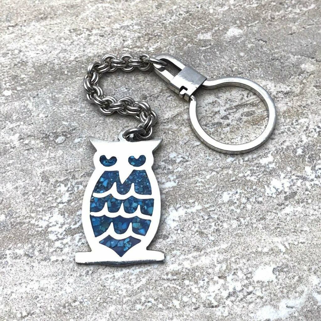 Vintage Mexican Taxco Sterling Silver Turquoise Owl Keychain