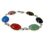 Vintage Sterling Silver Carved Stone Scarab Link Bracelet Van Dell 1980s
