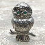 Vintage Sterling Silver Owl Brooch Pin with Real Emerald Eyes