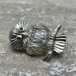 Vintage Sterling Silver Owl Brooch Pin with Real Emerald Eyes