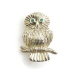 Vintage Sterling Silver Owl Brooch Pin with Real Emerald Eyes