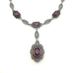 Antique Art Deco Silver Tone Filigree Amethyst Enamel Necklace by P.S. Co
