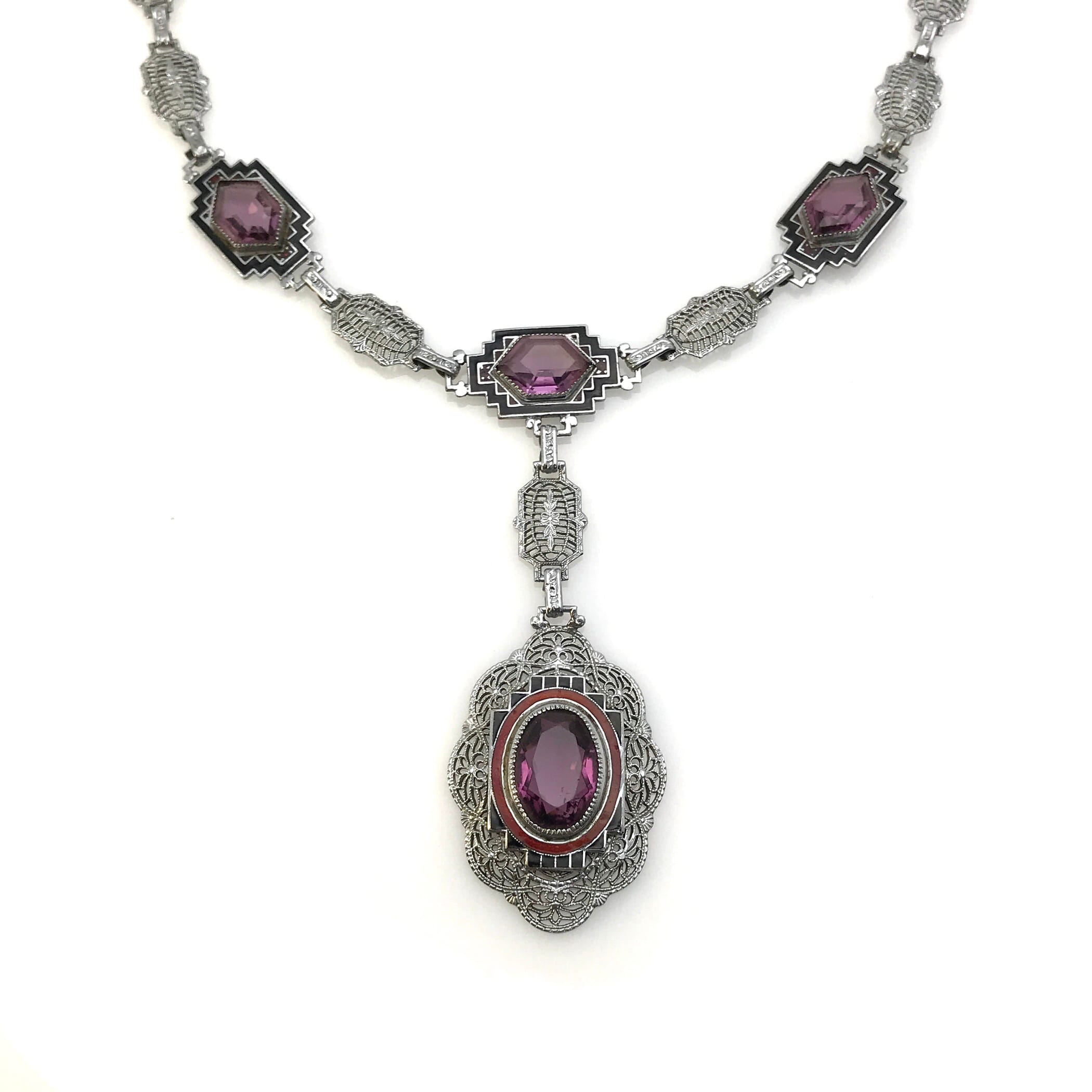 Antique Art Deco Silver Tone Filigree Amethyst Enamel Necklace by P.S. Co