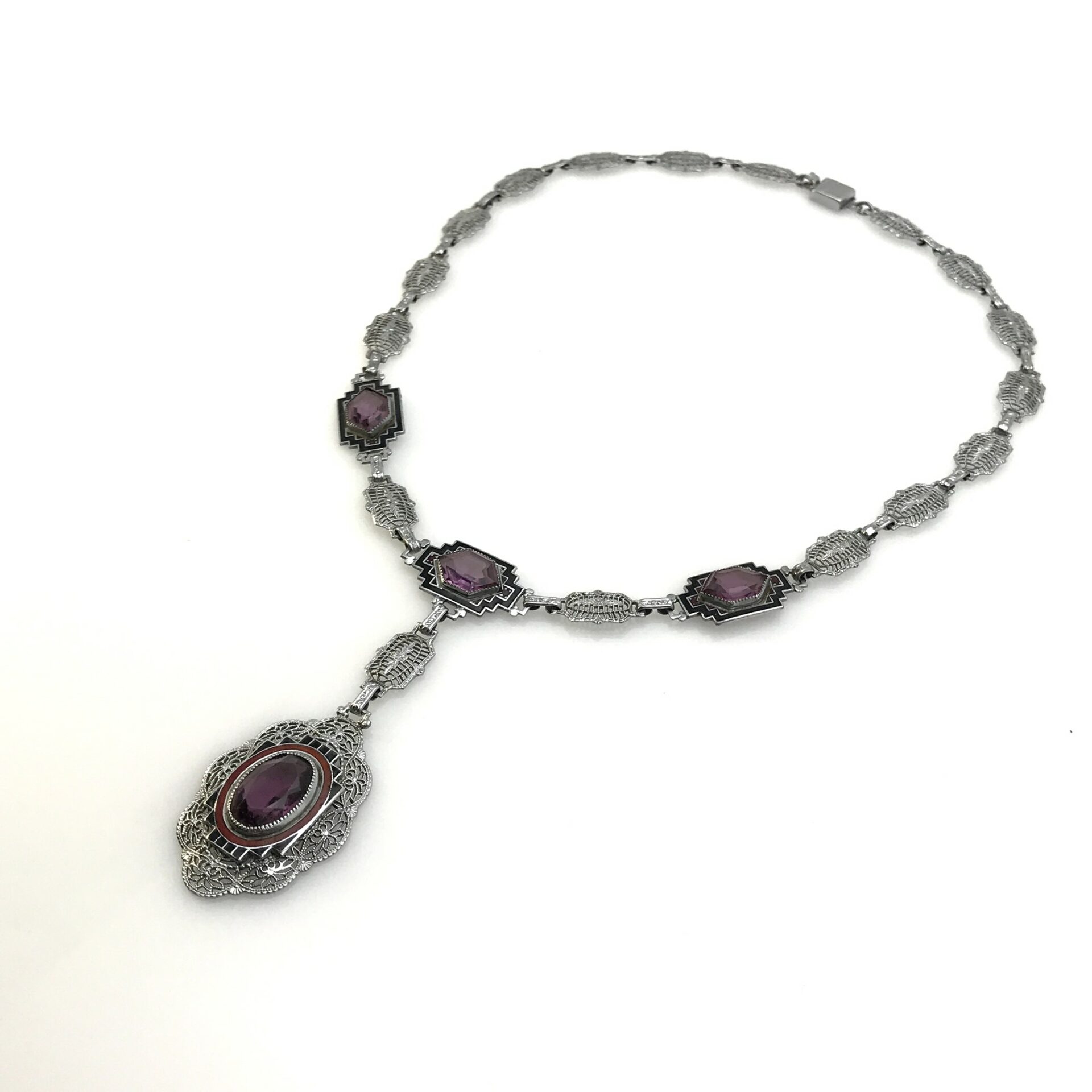 Antique Art Deco Silver Tone Filigree Amethyst Enamel Necklace by P.S. Co