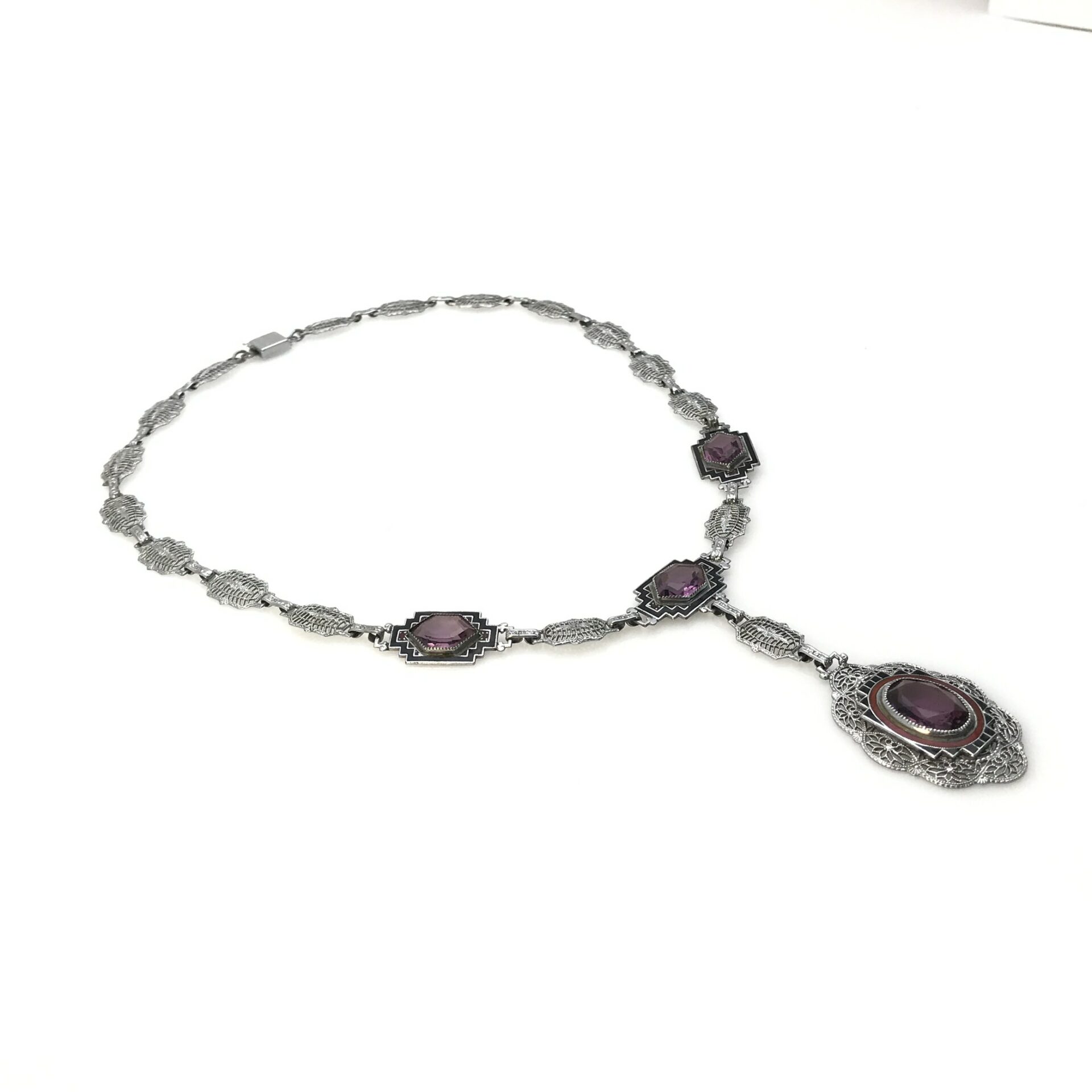 Antique Art Deco Silver Tone Filigree Amethyst Enamel Necklace by P.S. Co