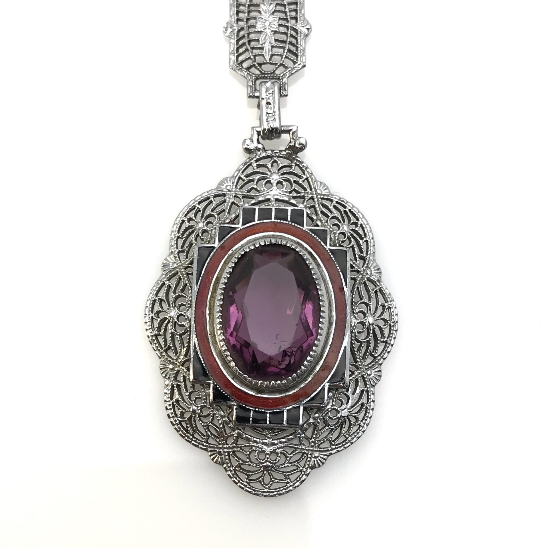 Antique Art Deco Silver Tone Filigree Amethyst Enamel Necklace by P.S. Co