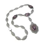 Antique Art Deco Silver Tone Filigree Amethyst Enamel Necklace by P.S. Co