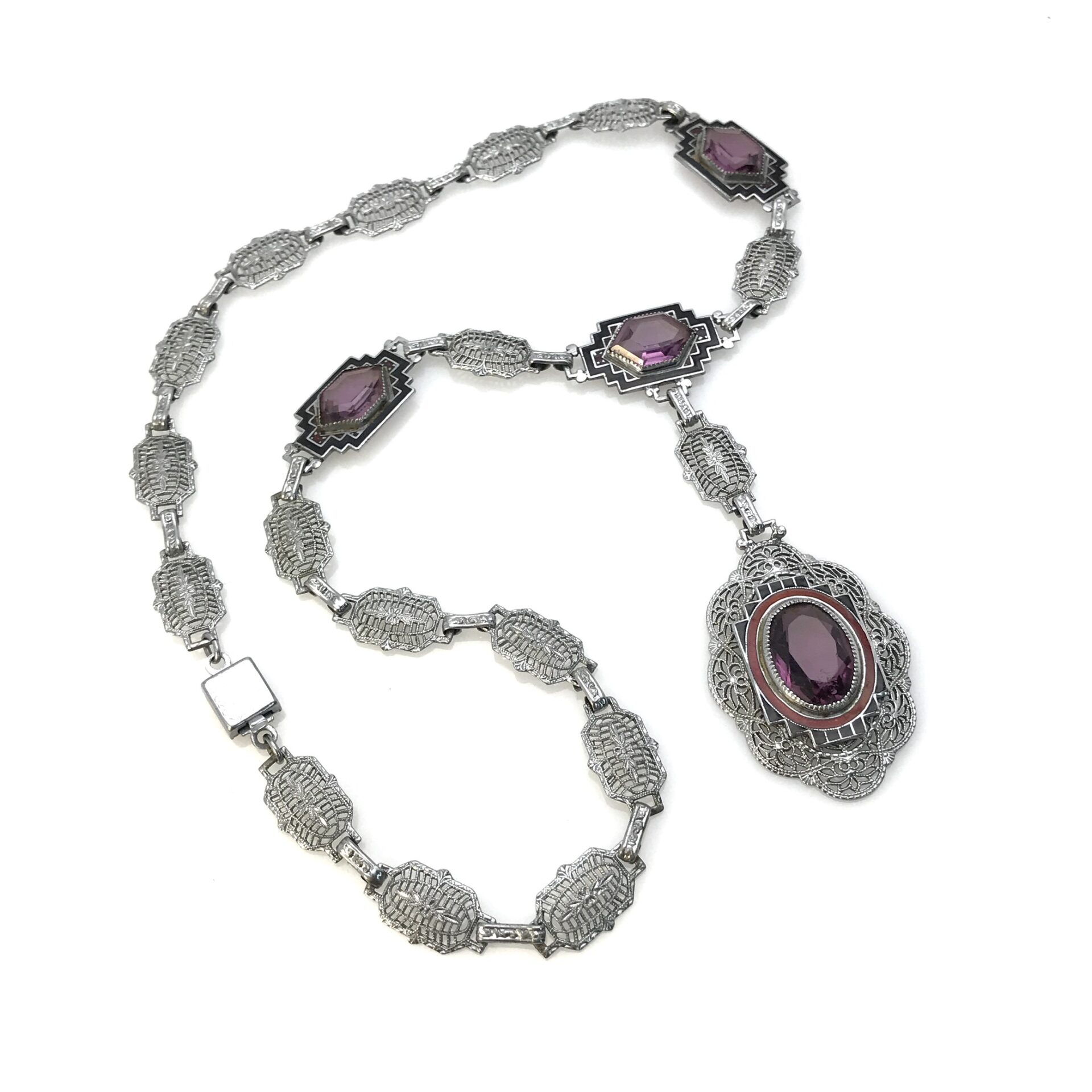 Antique Art Deco Silver Tone Filigree Amethyst Enamel Necklace by P.S. Co