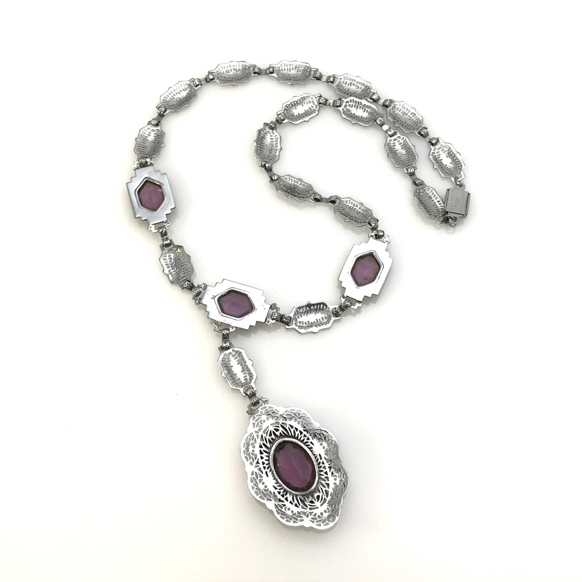 Antique Art Deco Silver Tone Filigree Amethyst Enamel Necklace by P.S. Co
