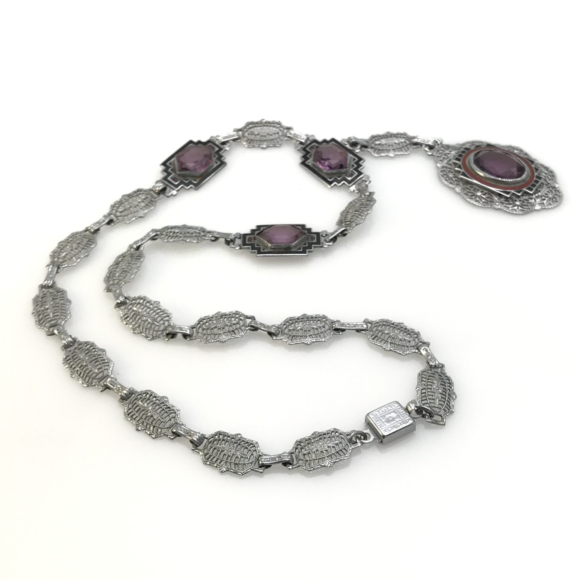 Antique Art Deco Silver Tone Filigree Amethyst Enamel Necklace by P.S. Co
