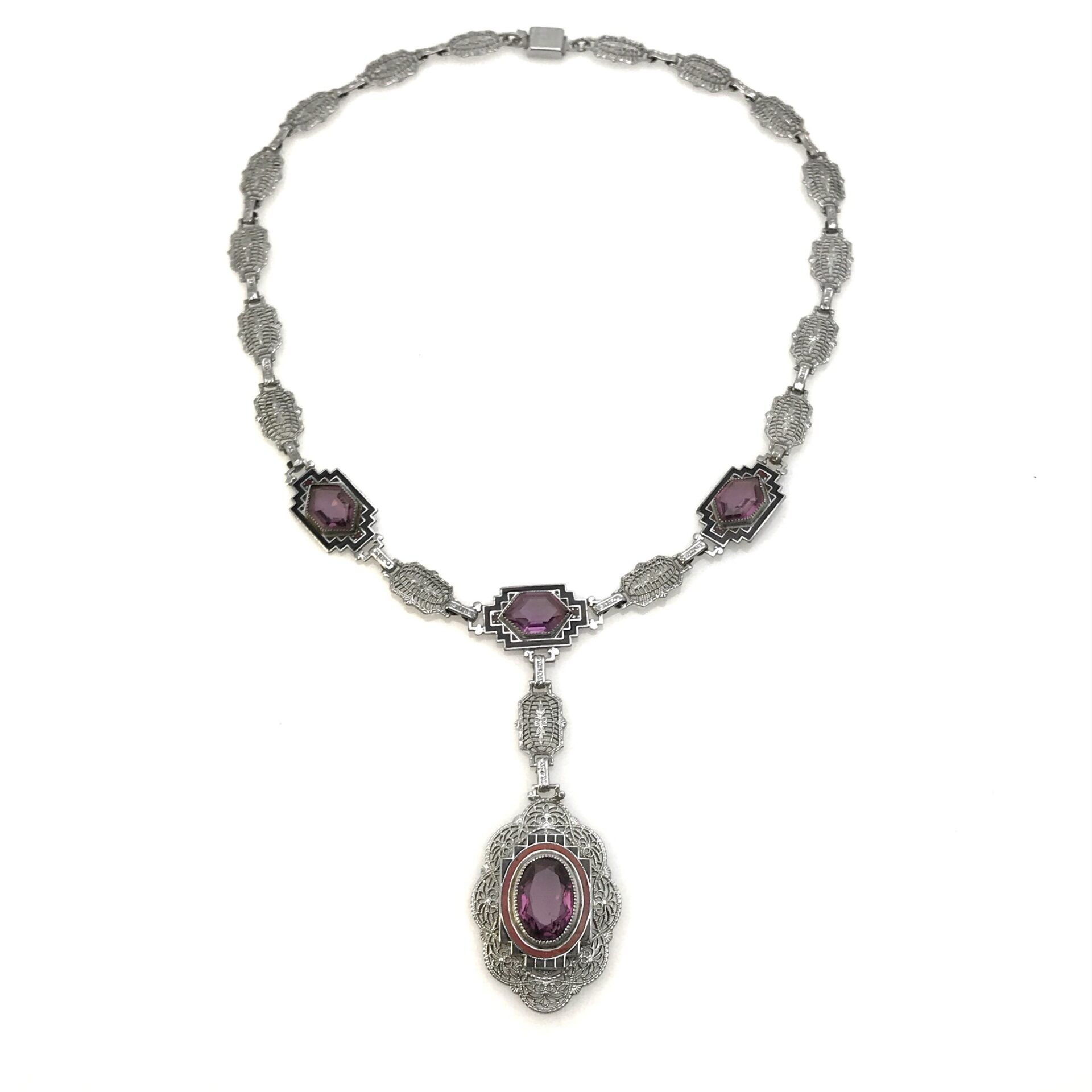 Antique Art Deco Silver Tone Filigree Amethyst Enamel Necklace by P.S. Co