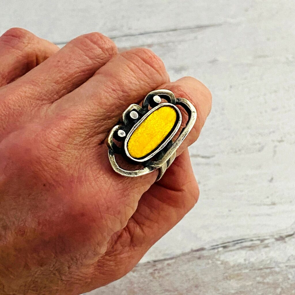 Vintage Modernist Brutalist Ring - 800 Silver and Yellow Fired Enamel Center