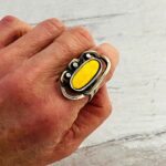 Vintage Modernist Brutalist Ring - 800 Silver and Yellow Fired Enamel Center