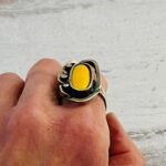 Vintage Modernist Brutalist Ring - 800 Silver and Yellow Fired Enamel Center
